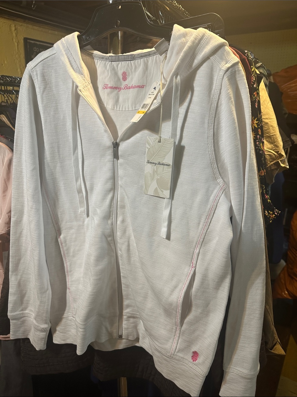 NWT Tommy Bahama Women's White Zip Hoodie with Pink Accents M